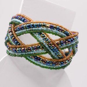 Vintage Wide Woven Metallic Seed Beaded Cuff Bracelet- Teal, Blue, Gold Tone